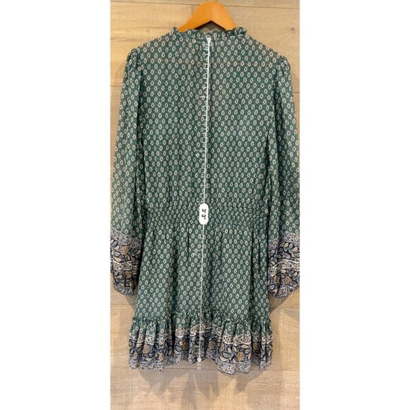 VERONICA BEARD DESTINY PRINTED SMOCKED WAIST V-NECK MINI DRESS IN GREEN SIZE 14 - Picture 8 of 11